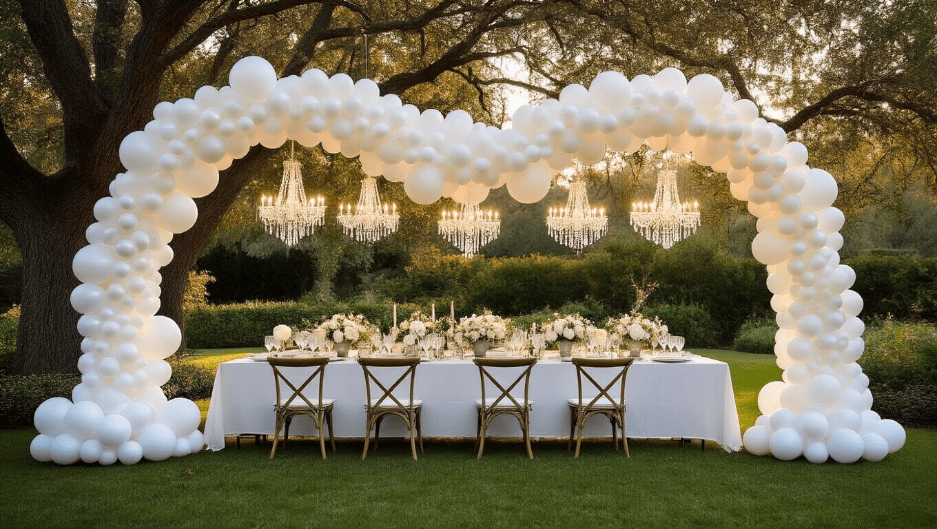 An elegant garden soirée featuring a dramatic white balloon arch and garlands intertwined with twinkle lights, set beneath crystal chandeliers and a long farmhouse table adorned with fresh floral centerpieces, all captured in soft natural lighting at golden hour.