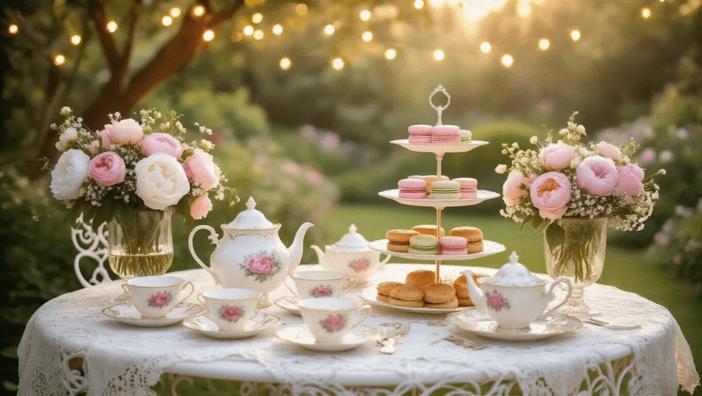 A dreamy Victorian garden tea party setting with vintage decor, featuring a white wrought-iron table, fine china teacups, pastel treats, and floral centerpieces, illuminated by soft natural light and warm fairy lights.