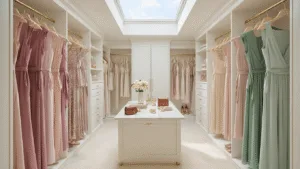 A luxurious walk-in closet illuminated by morning light, showcasing a collection of elegant wrap dresses in jewel tones and pastels on gold hangers, with accessories on a marble vanity, set against clean white walls and a plush carpet.