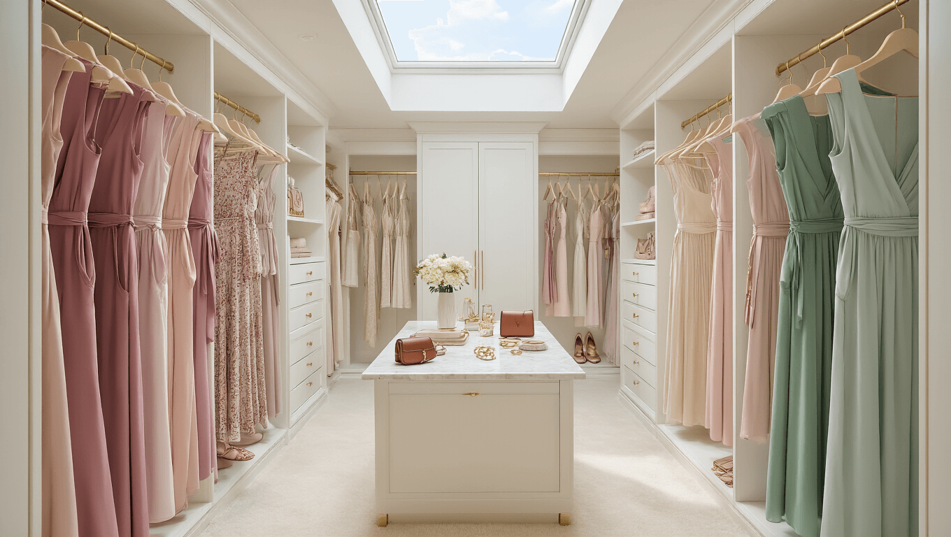 A luxurious walk-in closet illuminated by morning light, showcasing a collection of elegant wrap dresses in jewel tones and pastels on gold hangers, with accessories on a marble vanity, set against clean white walls and a plush carpet.