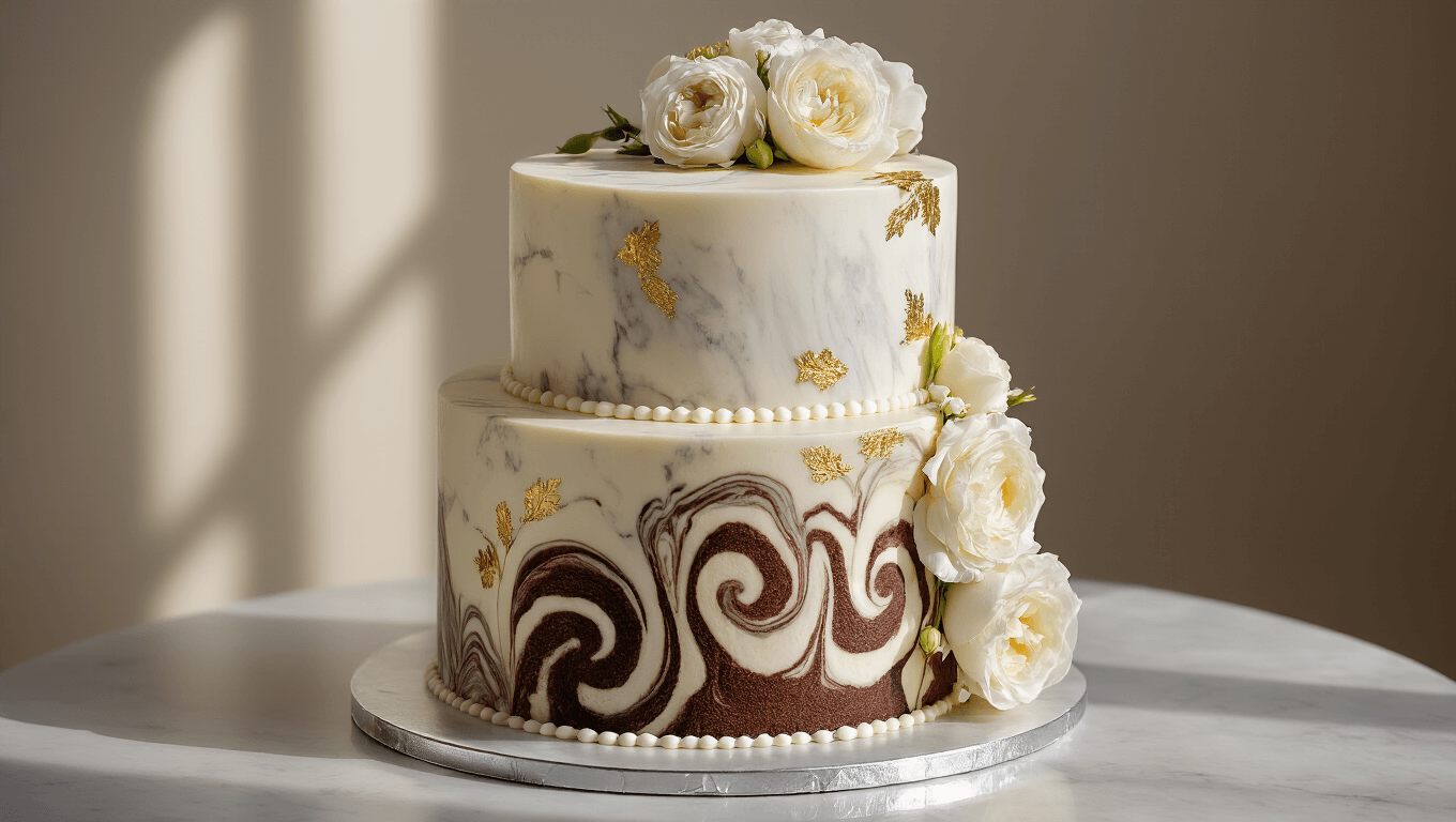 A stunning four-tiered marble wedding cake with vanilla and chocolate layers, adorned with gold leaf accents and fresh peonies and roses, displayed on a polished silver cake stand against a softly gradient backdrop.