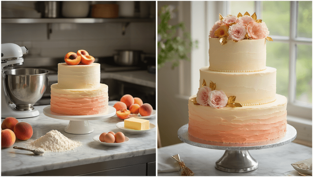 Cinematic split image of a professional kitchen: left side shows a marble countertop with ingredients for a peach wedding cake, including flour, fresh peaches, and a stand mixer; right side features the finished three-tiered cake in ombre frosting, adorned with peach slices and edible flowers on a silver stand.