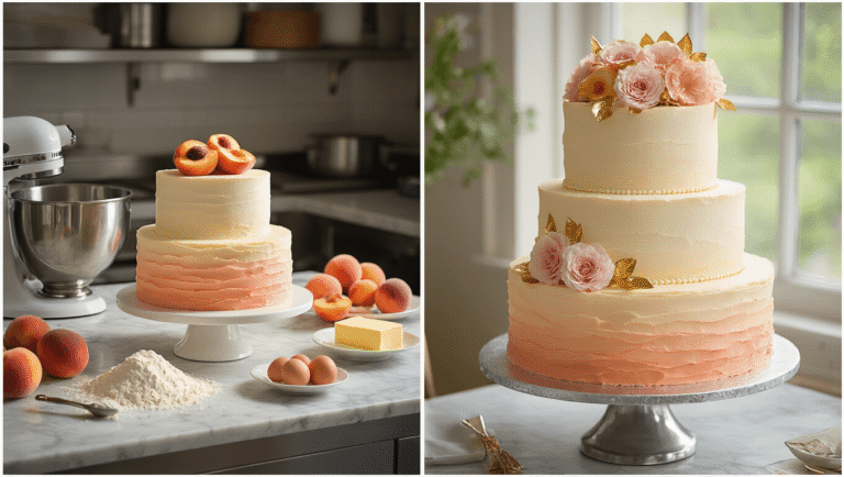 Cinematic split image of a professional kitchen: left side shows a marble countertop with ingredients for a peach wedding cake, including flour, fresh peaches, and a stand mixer; right side features the finished three-tiered cake in ombre frosting, adorned with peach slices and edible flowers on a silver stand.