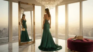 A young woman in an emerald satin evening gown admires herself in a tri-fold mirror, surrounded by luxury in a sunlit penthouse with marble floors and a crystal chandelier.