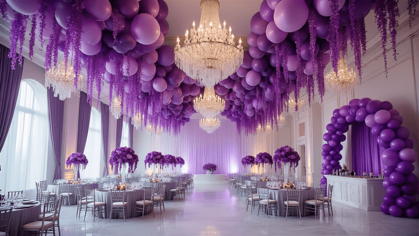 An opulent ballroom featuring towering crystal chandeliers, dramatic purple balloon installations, elegant tables with silver linens, and a grand balloon arch entrance, all illuminated by warm golden hour lighting in a hyperrealistic style.