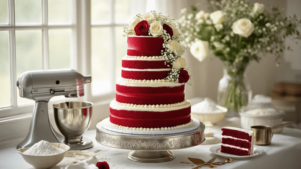A luxurious three-tiered red velvet wedding cake displayed on a silver pedestal, showcasing deep crimson layers with white cream cheese frosting, adorned with fresh roses and gold leaf, set against a marble countertop with baking tools and rose petals, bathed in soft natural light.