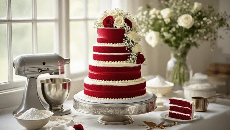 A luxurious three-tiered red velvet wedding cake displayed on a silver pedestal, showcasing deep crimson layers with white cream cheese frosting, adorned with fresh roses and gold leaf, set against a marble countertop with baking tools and rose petals, bathed in soft natural light.