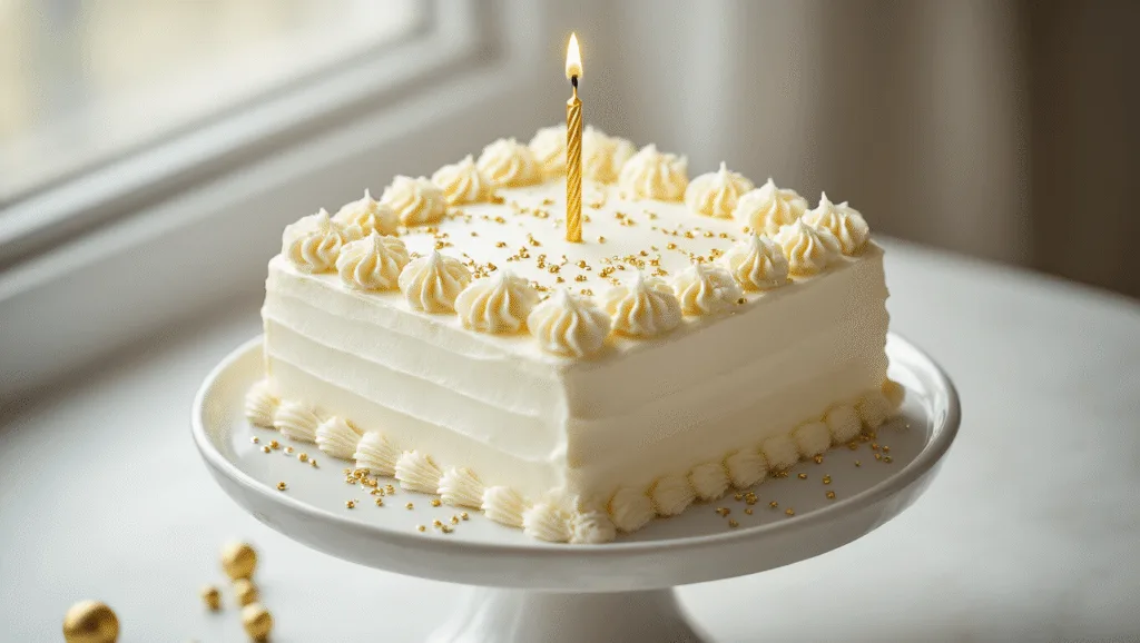 A beautifully styled square birthday cake with smooth white buttercream frosting, adorned with delicate rosettes and metallic sprinkles, topped with a single gold candle, displayed elegantly on a white ceramic pedestal in soft natural light.