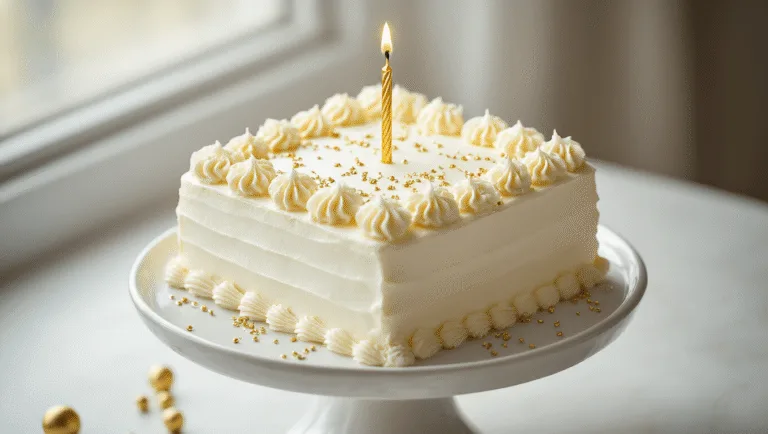 A beautifully styled square birthday cake with smooth white buttercream frosting, adorned with delicate rosettes and metallic sprinkles, topped with a single gold candle, displayed elegantly on a white ceramic pedestal in soft natural light.