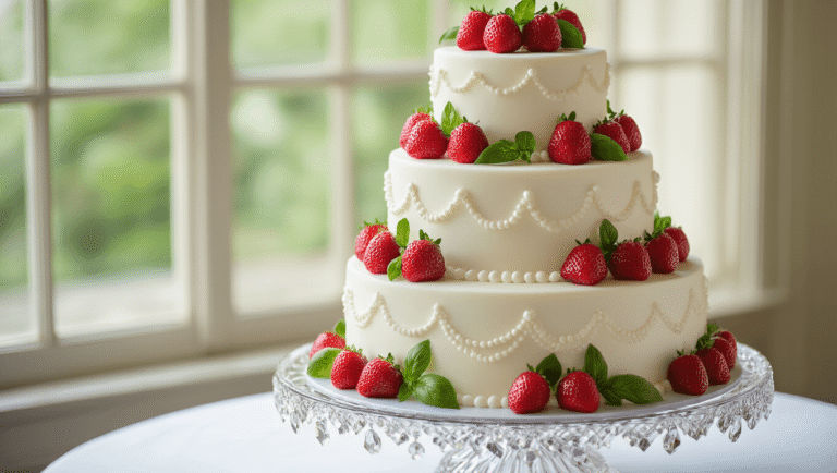 Elegant three-tiered wedding cake on a crystal stand, featuring pearl-like piping, handcrafted strawberry roses, and fresh basil leaves, with a soft natural light background and marble surface reflections.