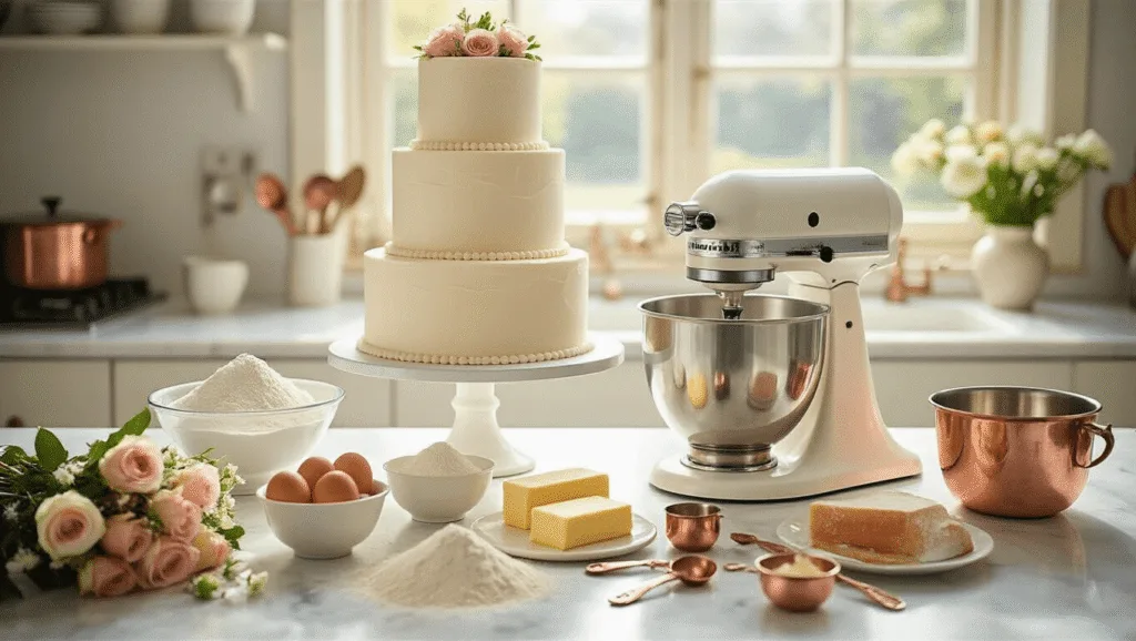 Cinematic view of a sunlit professional kitchen with a three-tiered anniversary cake preparation, showcasing arranged ingredients like fresh eggs, sifted flour, and premium vanilla, highlighted by a KitchenAid mixer. Soft natural light enhances the romantic atmosphere, complemented by fresh roses and a finished tier featuring white fondant and lace detailing.