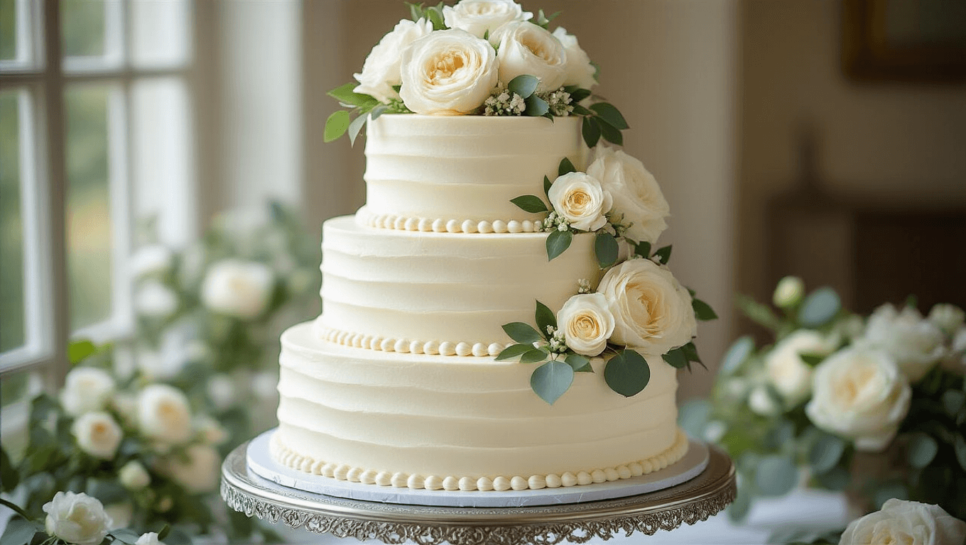 Three-tiered wedding cake with Swiss meringue buttercream, adorned with fresh white flowers and pearls, on a silver cake stand in an elegantly blurred reception setting.
