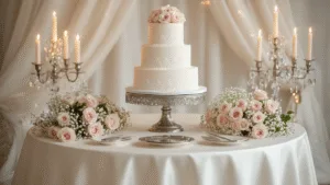 Photorealistic image of an elegant vintage wedding cake table featuring a 3-tier white fondant cake with lace detailing on a silver pedestal, surrounded by blush pink roses and baby's breath, under soft ambient lighting with a sheer white backdrop.