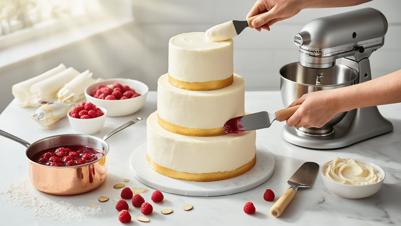 Overhead view of a three-tiered almond wedding cake assembly in a professional kitchen, featuring white cake layers, glossy raspberry filling, and smooth buttercream, surrounded by fresh raspberries, crystallized almonds, and elegant kitchen tools, all beautifully lit by natural sunlight.
