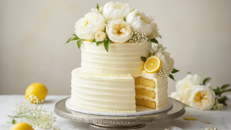 A three-tiered white wedding cake with subtle ombré effect, adorned with fresh flowers and candied lemon slices, displayed on an antique silver stand with a marble surface, featuring a cross-section revealing golden sponge layers and lemon curd, captured in soft natural light.
