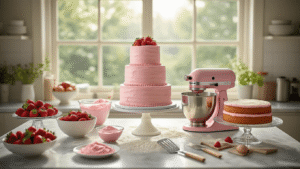 Hibiscus Strawberry Wedding Cake: A Romantic Culinary Masterpiece A professional kitchen scene illuminated by natural sunlight, showcasing the preparation of an elegant three-tiered strawberry hibiscus wedding cake, with pink batter in a KitchenAid mixer, fresh strawberries, and hibiscus flowers arranged on a marble countertop dusted with flour, alongside cooling cake layers and pink buttercream frosting.