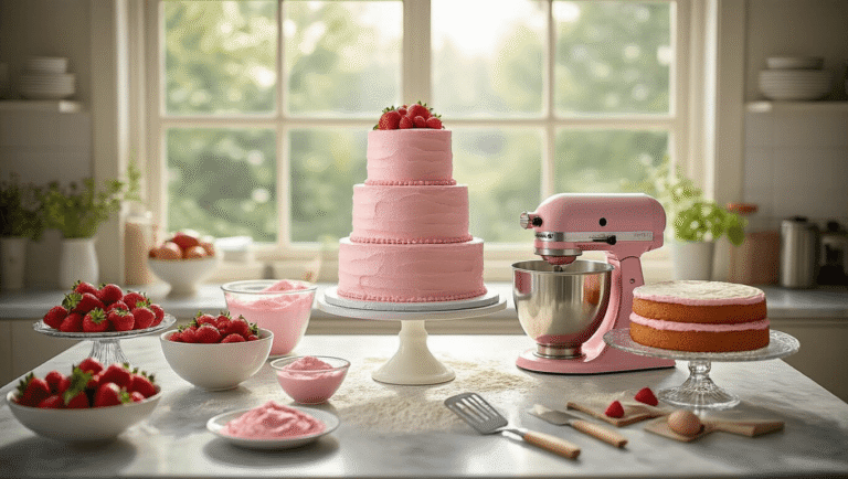 A professional kitchen scene illuminated by natural sunlight, showcasing the preparation of an elegant three-tiered strawberry hibiscus wedding cake, with pink batter in a KitchenAid mixer, fresh strawberries, and hibiscus flowers arranged on a marble countertop dusted with flour, alongside cooling cake layers and pink buttercream frosting.