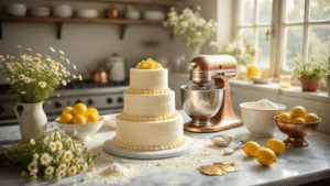 A sunlit kitchen scene featuring a three-tiered wedding cake preparation, with fresh chamomile flowers, bright lemons, and a vintage copper stand mixer, as a cake layer is frosted with mascarpone buttercream and decorated with edible gold leaf, candied lemon slices, and dried chamomile.