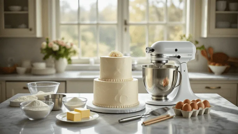 Photorealistic scene of a two-tier wedding cake preparation on a marble countertop, featuring a KitchenAid mixer, measured ingredients, cake-decorating tools, and soft natural lighting highlighting textures.