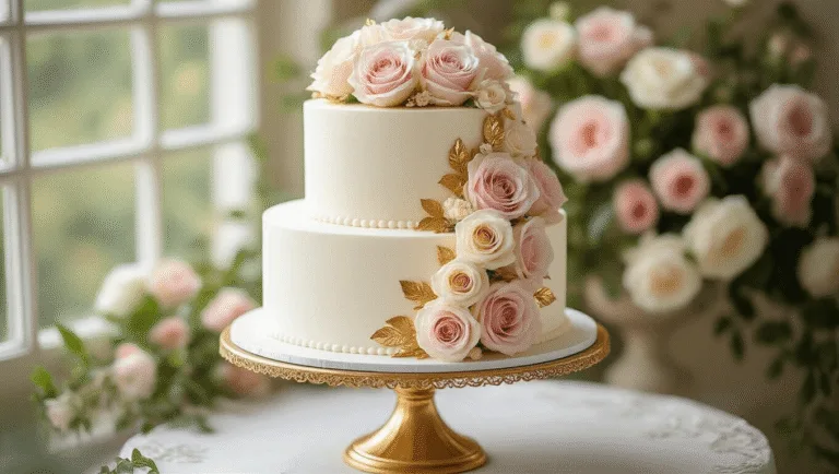 Photorealistic two-tier wedding cake with Swiss meringue buttercream, adorned with blush pink and cream garden roses, elegantly displayed on a gold stand against a floral backdrop.