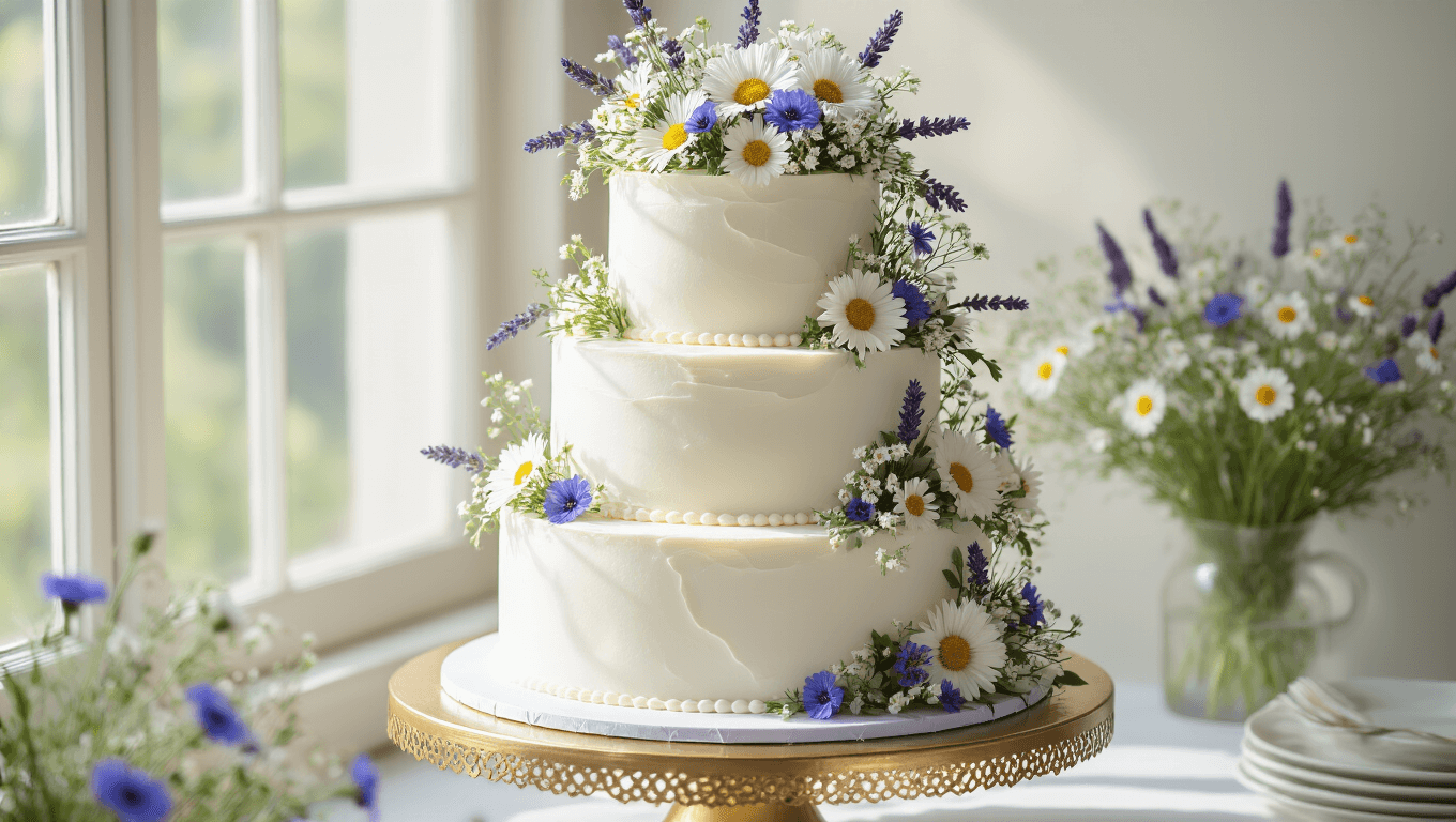 A photorealistic image of a three-tiered white wedding cake on a gold stand, adorned with vibrant wildflowers, captured in natural light with a soft-focused marble counter background.