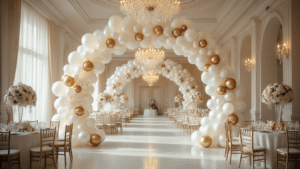 A stunning wedding reception in a grand ballroom featuring a dramatic white and silver balloon arch, soft lighting from chandeliers, icy blue table linens, and elegant white rose centerpieces, captured with hyperrealistic detail and a cinematic composition.