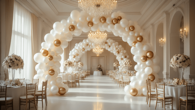 A stunning wedding reception in a grand ballroom featuring a dramatic white and silver balloon arch, soft lighting from chandeliers, icy blue table linens, and elegant white rose centerpieces, captured with hyperrealistic detail and a cinematic composition.