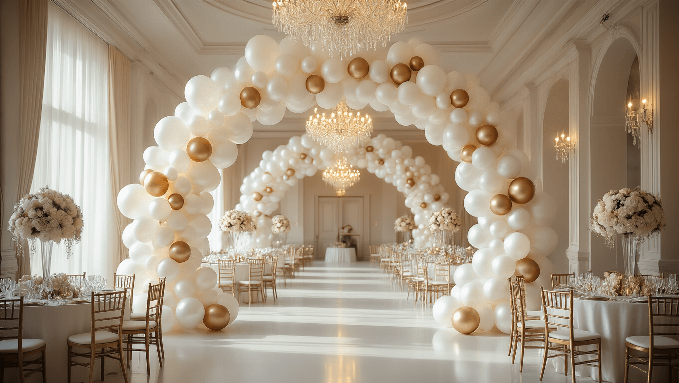 A stunning wedding reception in a grand ballroom featuring a dramatic white and silver balloon arch, soft lighting from chandeliers, icy blue table linens, and elegant white rose centerpieces, captured with hyperrealistic detail and a cinematic composition.
