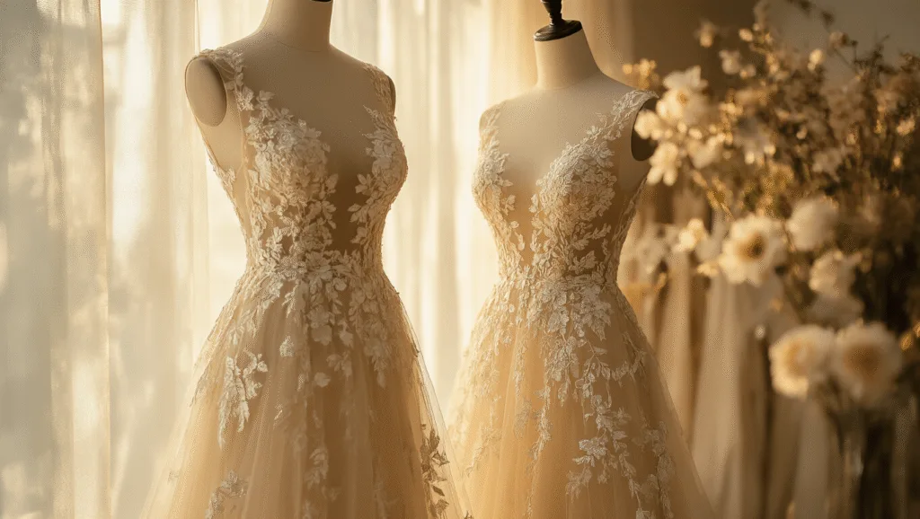 A champagne-colored embroidered mesh gown on a mannequin in a sunlit bridal boutique, with floral details illuminated by warm light, and soft focus background creating a romantic atmosphere.