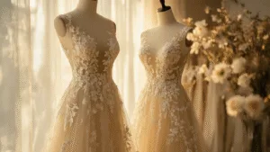 Embroidered Mesh Gowns: Your Complete Guide to Styling These Showstopping Pieces A champagne-colored embroidered mesh gown on a mannequin in a sunlit bridal boutique, with floral details illuminated by warm light, and soft focus background creating a romantic atmosphere.