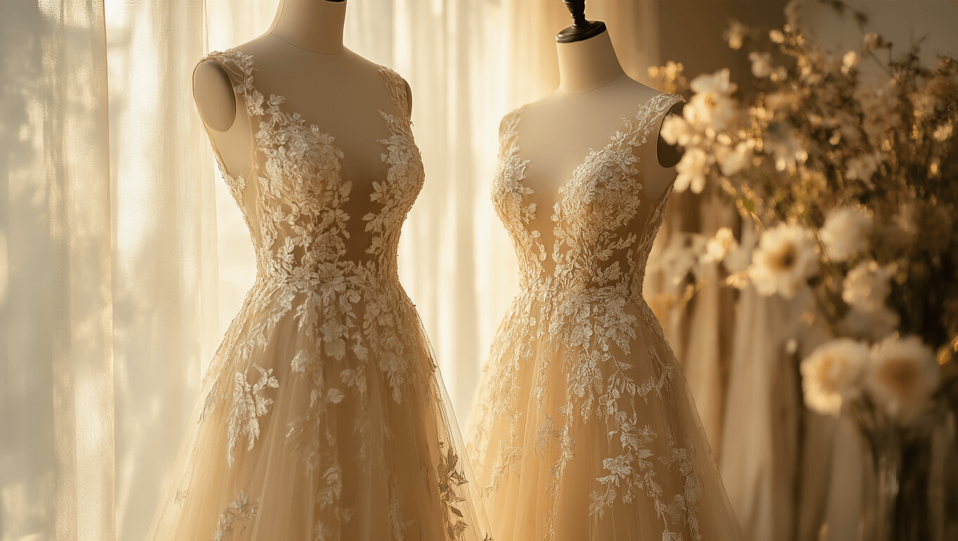 A champagne-colored embroidered mesh gown on a mannequin in a sunlit bridal boutique, with floral details illuminated by warm light, and soft focus background creating a romantic atmosphere.