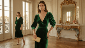 Luxurious emerald green velvet balloon-sleeve midi dress styled in a Parisian apartment during golden hour, featuring herringbone wood floors, vintage mirror, marble vanity, and accessorized with crystal drop earrings, nude stilettos, and a gold clutch, captured with a soft bokeh effect in warm tones.