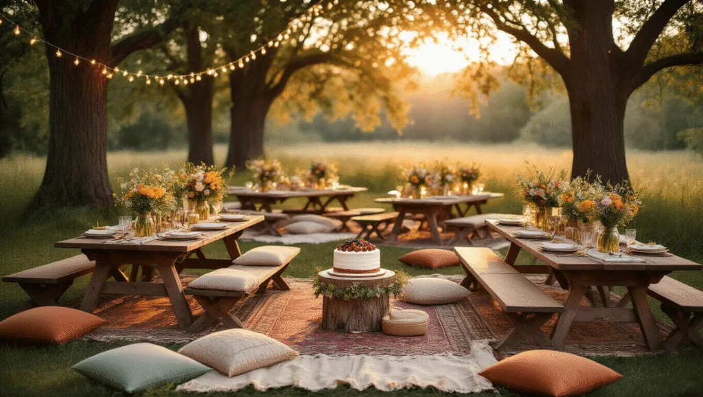 A dreamy outdoor birthday picnic setup with low tables on vintage rugs, decorated with wildflower bouquets and a naked cake, surrounded by fairy lights and soft cushions, captured during golden hour.