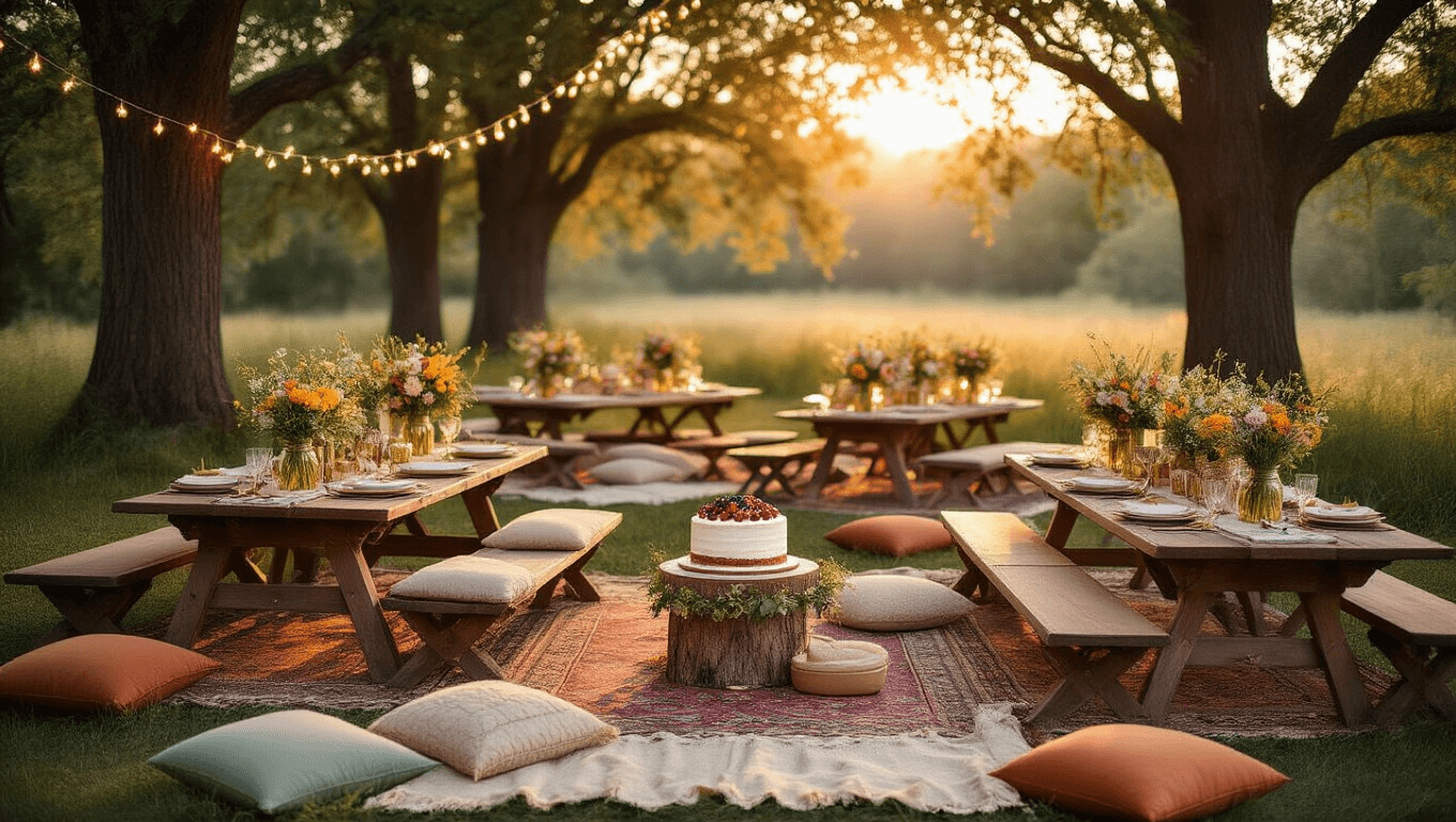 A dreamy outdoor birthday picnic setup with low tables on vintage rugs, decorated with wildflower bouquets and a naked cake, surrounded by fairy lights and soft cushions, captured during golden hour.