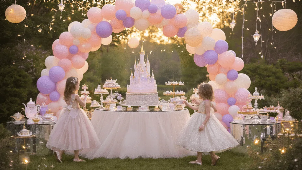 A whimsical garden party scene featuring little princesses in sparkling gowns, a majestic castle-themed cake, and a pastel balloon arch, all illuminated by twinkling fairy lights at golden hour.