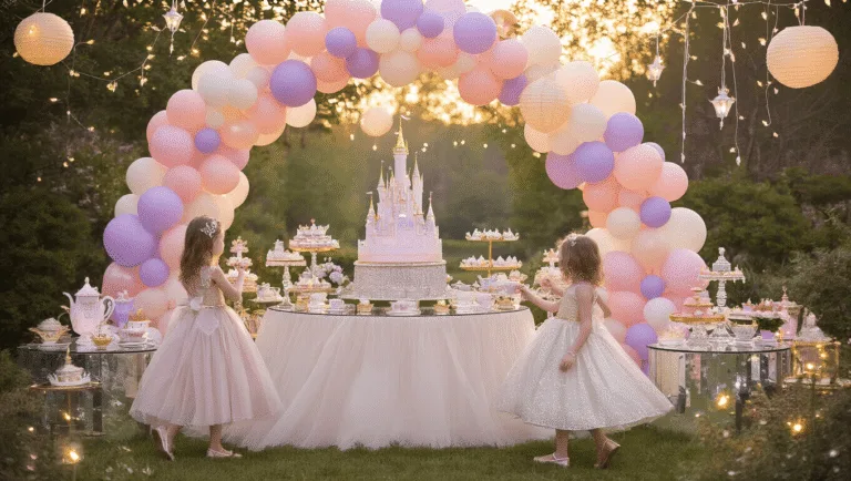 A whimsical garden party scene featuring little princesses in sparkling gowns, a majestic castle-themed cake, and a pastel balloon arch, all illuminated by twinkling fairy lights at golden hour.