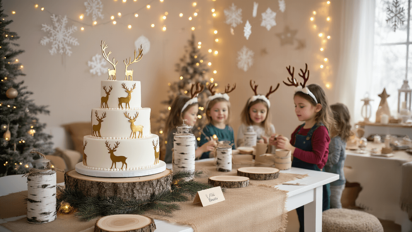 A cozy living room transformed into an enchanted winter woodland party, featuring a dessert table with a three-tiered cake and gold reindeer silhouettes, children in reindeer antler headbands at a craft table, a hot chocolate station, and a warm color palette of browns, whites, and golds, all under soft, magical lighting.