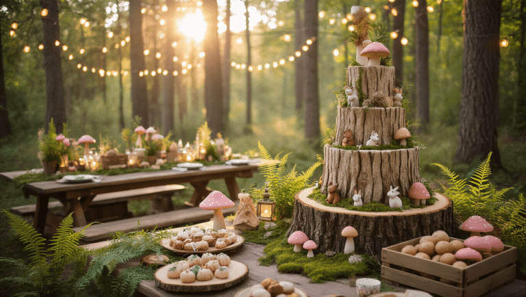 A magical birthday celebration in a sunlit forest clearing, featuring rustic tables with moss decor, a tiered cake resembling a tree stump, and vintage crates of forest-themed treats, surrounded by children in animal masks and ethereal lighting.