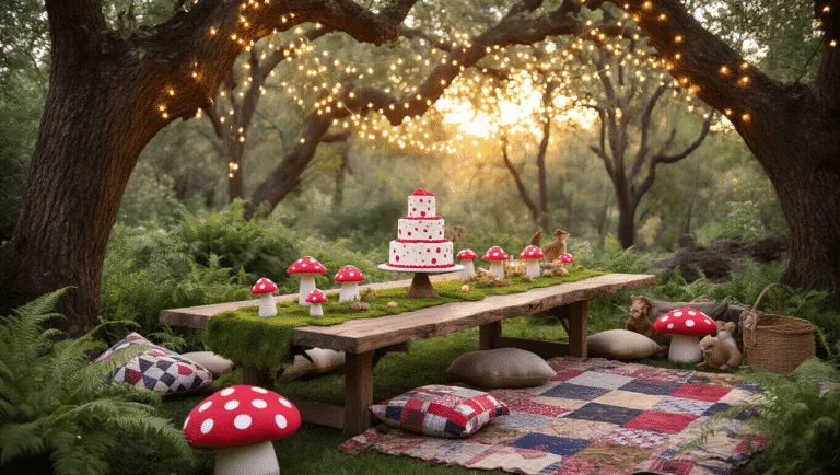 Photorealistic image of a whimsical backyard birthday party setup, featuring a rustic wooden table adorned with moss, red and white paper toadstool centerpieces, a three-tiered toadstool cake, twinkling fairy lights, cozy seating areas with plush mushroom pillows, and woodland animal figurines surrounded by ferns and wildflowers, all illuminated by golden hour sunlight.