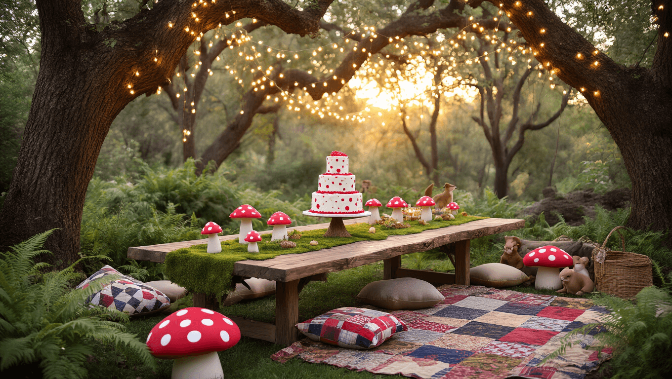 Photorealistic image of a whimsical backyard birthday party setup, featuring a rustic wooden table adorned with moss, red and white paper toadstool centerpieces, a three-tiered toadstool cake, twinkling fairy lights, cozy seating areas with plush mushroom pillows, and woodland animal figurines surrounded by ferns and wildflowers, all illuminated by golden hour sunlight.