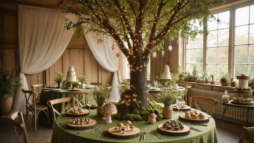 A whimsical woodland-themed birthday celebration interior featuring a majestic centerpiece tree with fairy lights, round tables with moss-green linens, handcrafted mushroom cookies, wildflower centerpieces, and a rustic dessert cart. The space is adorned with gauzy fabric, pinecones, and vintage lanterns, all illuminated by soft golden hour light.