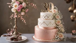 A luxurious three-tiered birthday cake with rose gold ombré fondant, intricate white buttercream piping, a gold "30" topper, and fresh flowers, displayed on a silver cake stand against a charcoal grey background, featuring dramatic lighting and hyperrealistic detail.