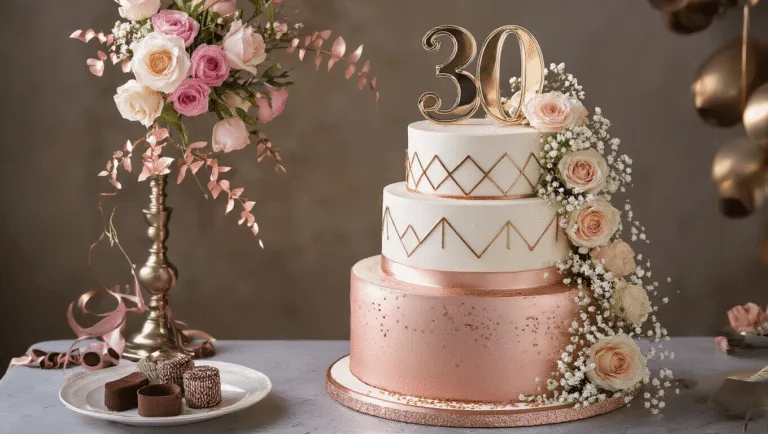 A luxurious three-tiered birthday cake with rose gold ombré fondant, intricate white buttercream piping, a gold "30" topper, and fresh flowers, displayed on a silver cake stand against a charcoal grey background, featuring dramatic lighting and hyperrealistic detail.