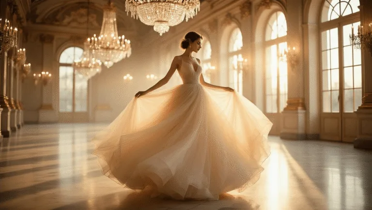 A model twirls in a champagne-colored multi-layered tulle ball gown in an ornate grand ballroom, golden hour light streaming through large windows, highlighting the gown’s delicate fabric and creating a dreamy atmosphere with reflections from chandeliers and mirrors.