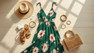 A flat lay of a luxurious floral maxi dress in emerald and blush tones on a light wooden floor, accompanied by a vintage straw fedora, gold-tone layered bracelets, woven leather sandals, and a bamboo handbag, all illuminated by natural sunlight from industrial windows.