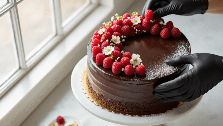 Cinematic overhead shot of an elegant flourless chocolate wedding cake with glossy ganache, decorated with fresh raspberries, edible flowers, and gold leaf accents, featuring a pastry chef's hands adding final touches, set on a marble surface with artistic chocolate shavings and rose petals.