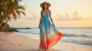 Styling Your Ombré Maxi Dress: From Beach to Street Model in a flowing blue-to-coral ombré maxi dress at a beach during golden hour, with a soft pastel sunset sky and palm trees in the background. Styled with minimal gold jewelry, a wide-brim straw hat, and metallic sandals.