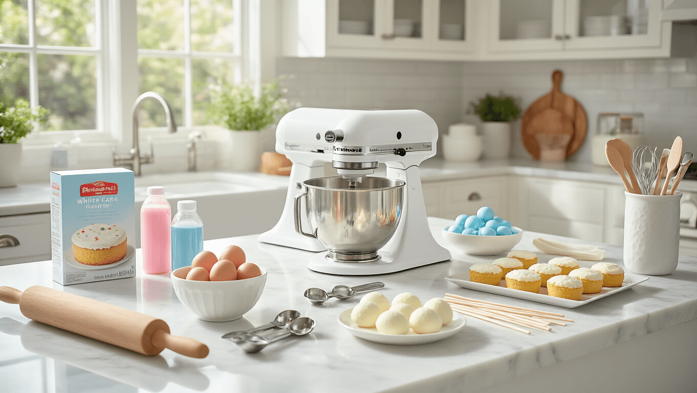 A vintage mint green stand mixer sits on a pristine white marble countertop, surrounded by baking ingredients like farm-fresh eggs, softened butter, and a vanilla extract bottle, all illuminated by soft natural light and capturing a warm pastel aesthetic.