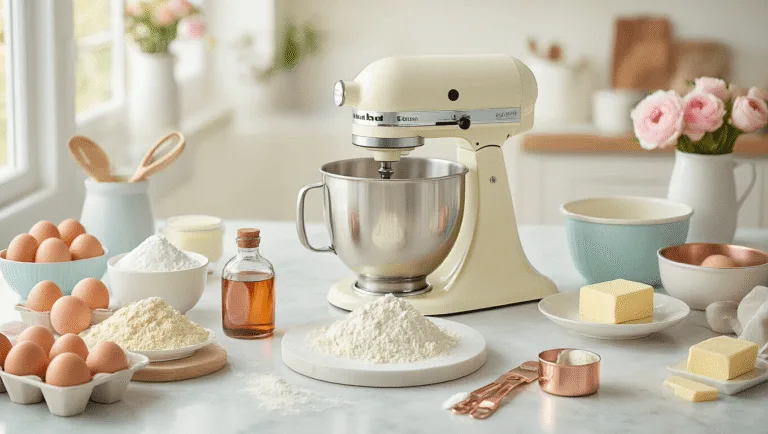 Overhead view of a pristine marble countertop featuring organized baking ingredients for a gender reveal cake, including farm-fresh eggs, sifted flour, butter blocks, and a KitchenAid mixer, styled with professional tools and soft pastel colors, illuminated by natural light.