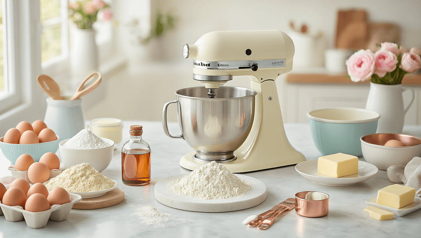 Overhead view of a pristine marble countertop featuring organized baking ingredients for a gender reveal cake, including farm-fresh eggs, sifted flour, butter blocks, and a KitchenAid mixer, styled with professional tools and soft pastel colors, illuminated by natural light.
